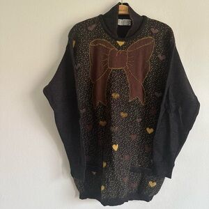 Vintage Karati Sweater Italian Heart Embroidered Beaded Bow Ribbon Black Yellow